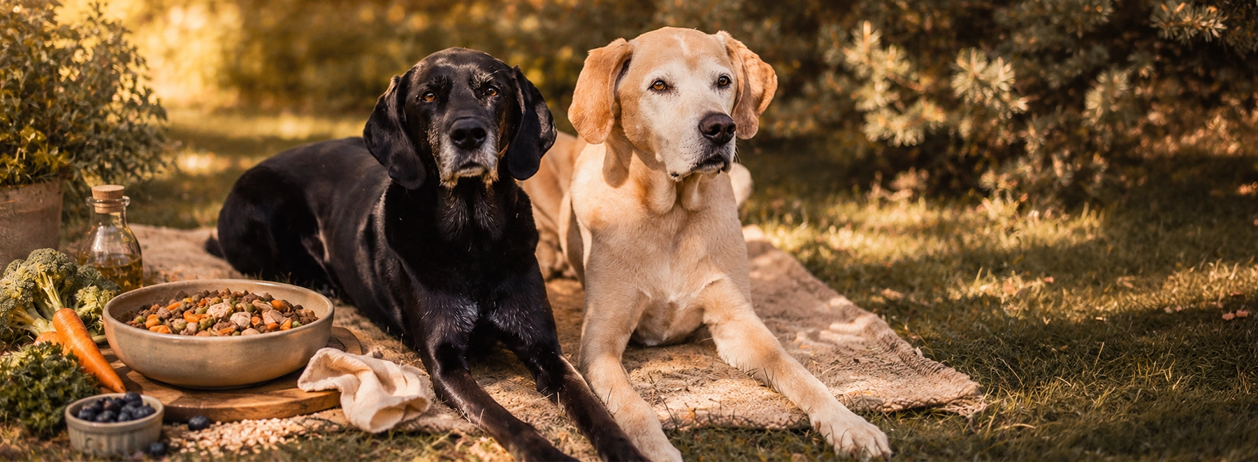 Senior dogs with a BARF bowl
