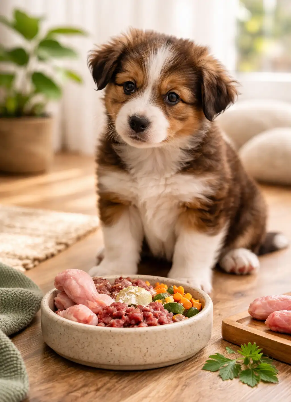 Puppy in front of BARF bowl
