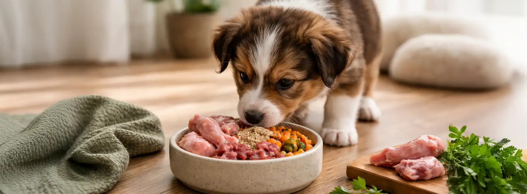 Puppy with BARF bowl