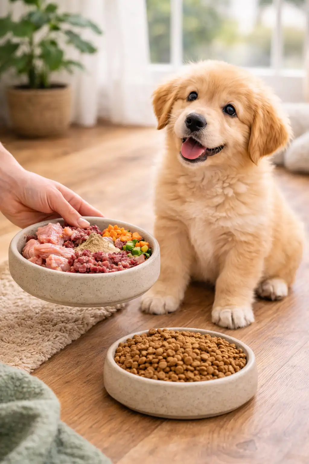 Golden Retriever puppy in front of bowls with BARF and dry food