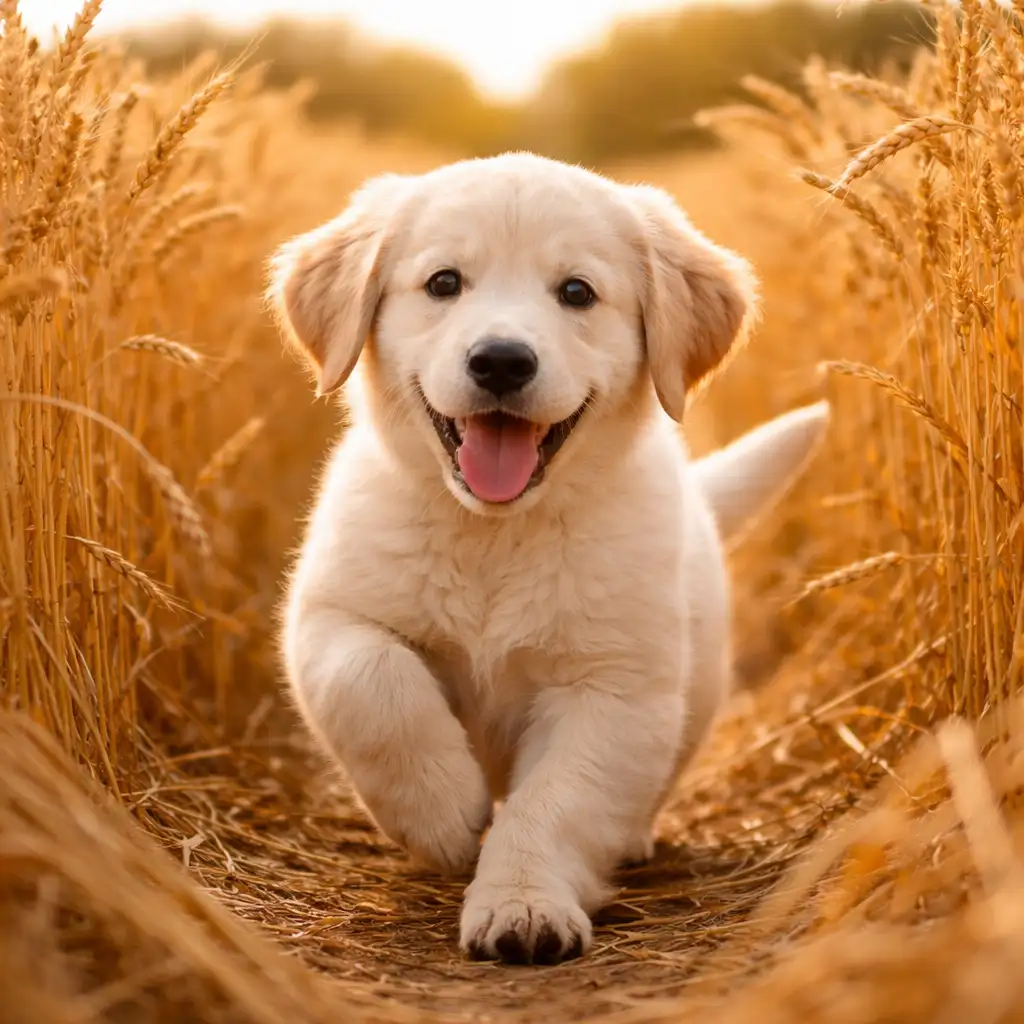 Golden Retriever puppy running through a grain field