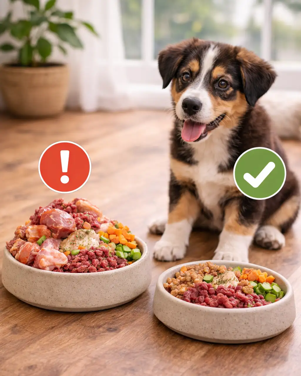 Golden Retriever puppy in front of BARF bowls