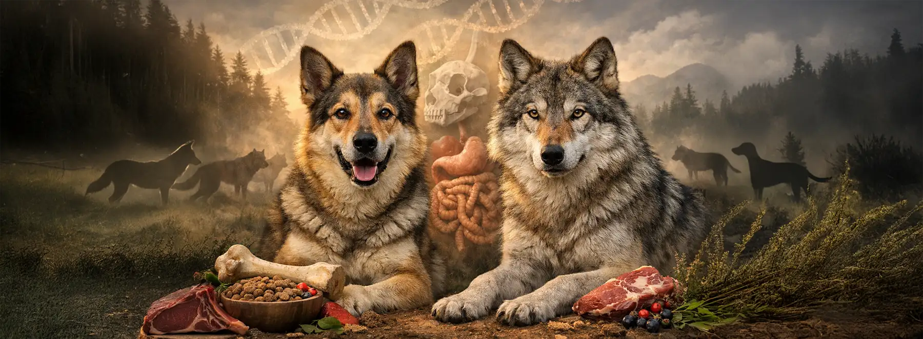 Hund och varg med mat i ett landskap