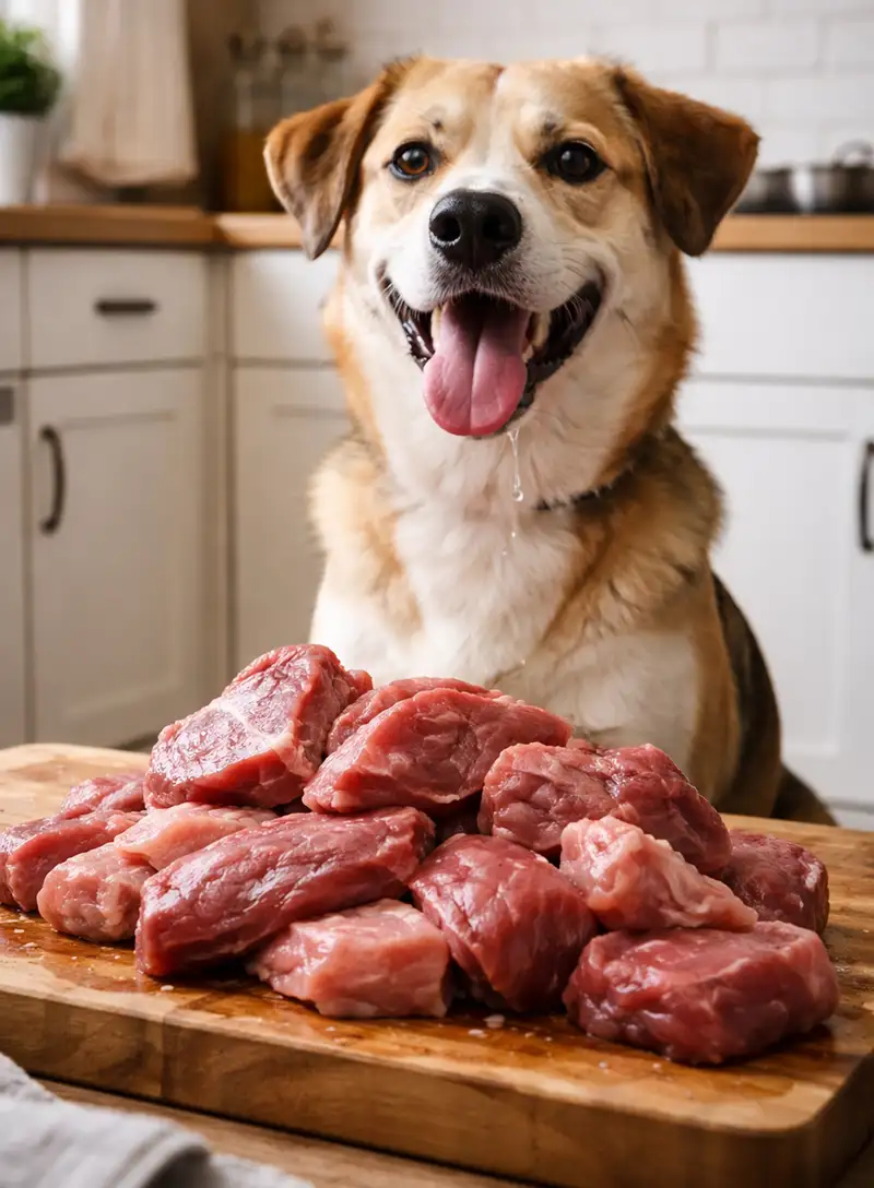 Dreglande hund framför köttbitar