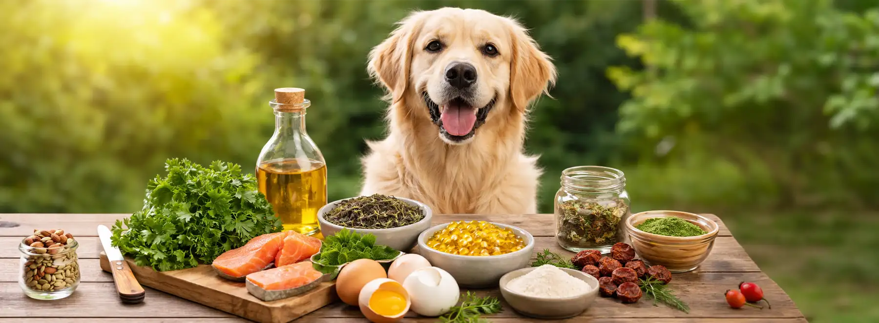 BARF-tillskott framför en golden retriever