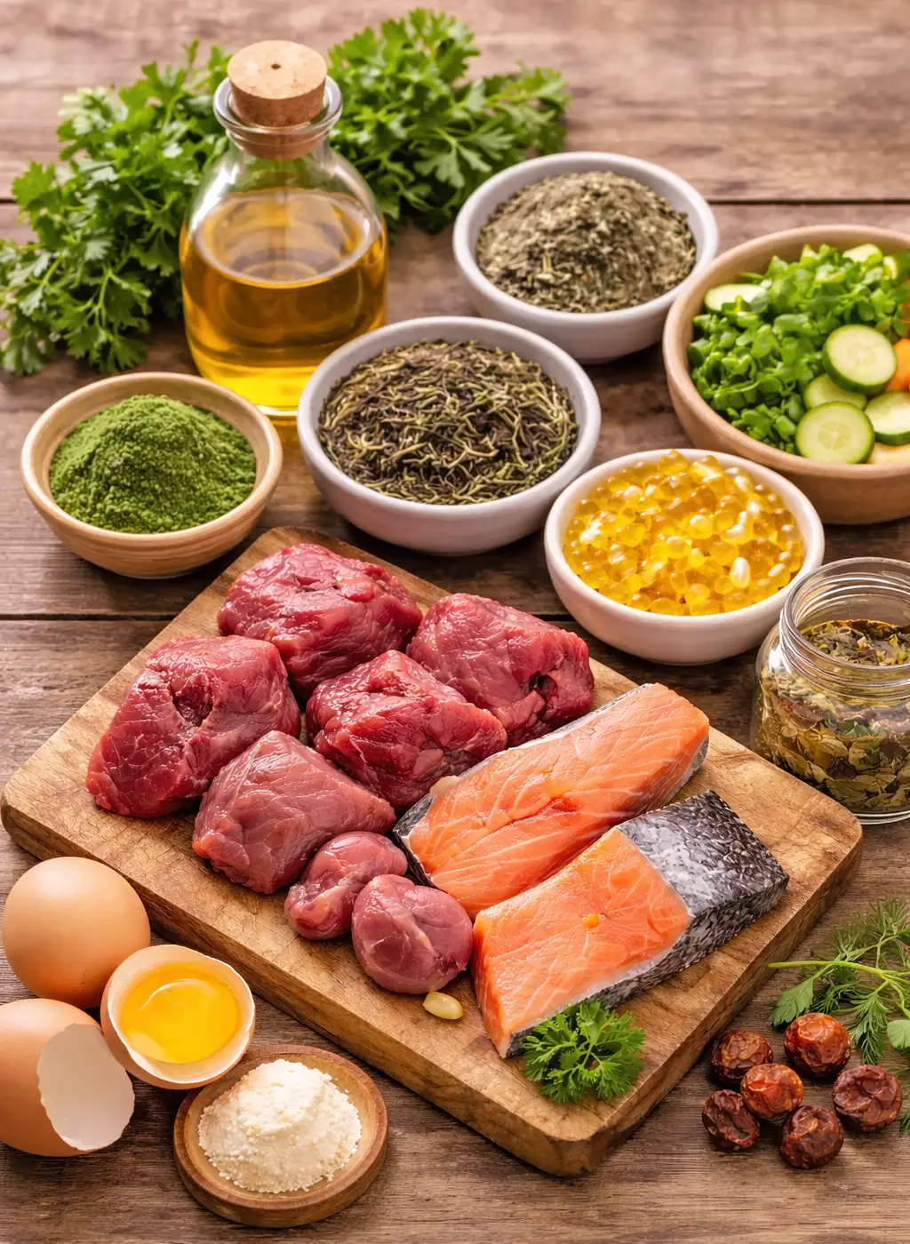 Naturliga BARF-tillskott på träbord