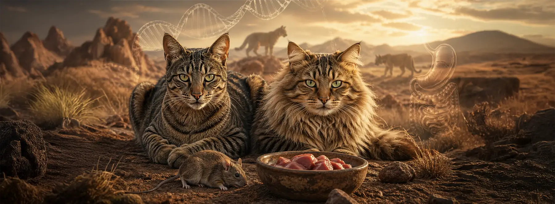 Chat et chat sauvage avec souris et nourriture dans un paysage désertique