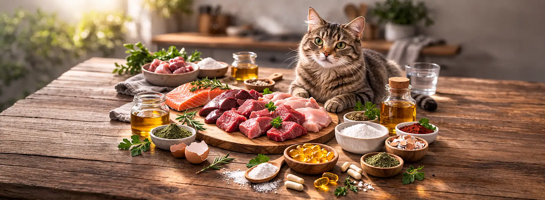 BARF-Zusätze mit Katze auf Holztisch